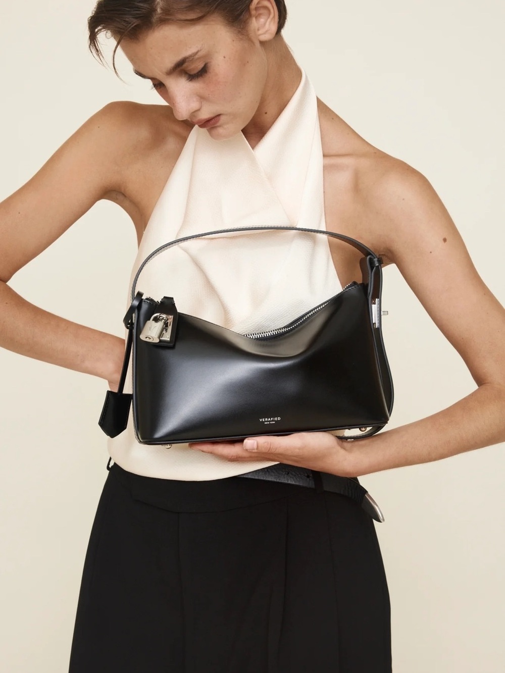 Verafied leather hobo shoulder bag in black silver